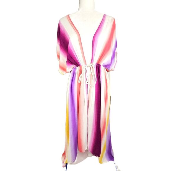 NWT Love In High-Low Rainbow Kimono Swim Beach Cover Up - Picture 1 of 9